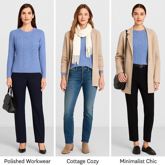 Talbots Petite Medium Blue Lambswool Blend Cable Knit Sweater Button Shoulder MP - Picture 4 of 8